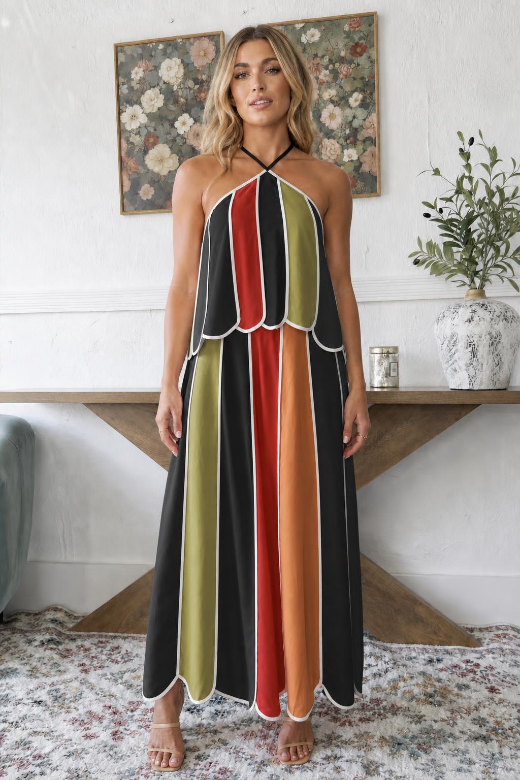 Model wearing black striped variant with scalloped hems