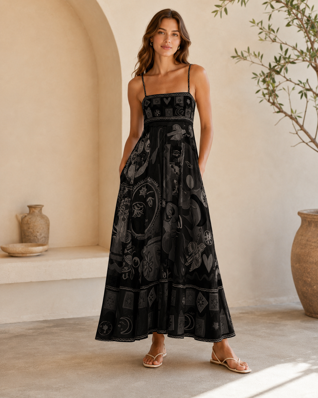Front view of black printed strappy maxi dress with maxi length skirt