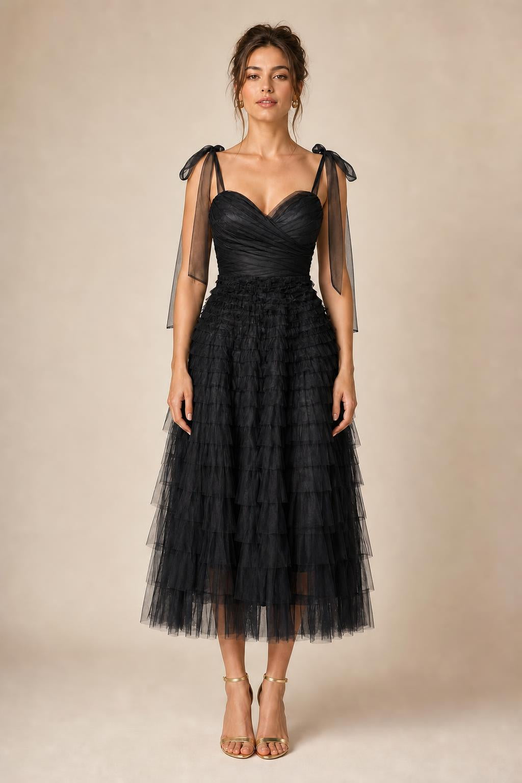 Ethereal Tiered Tulle Midi Dress in Black