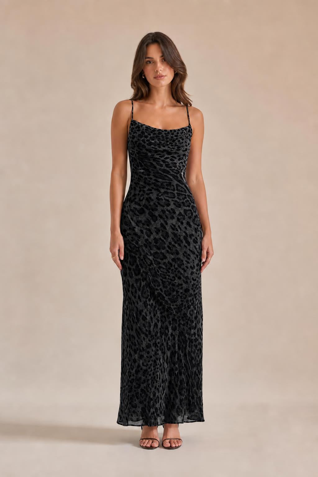 Front view of black leopard print maxi slip dress variant
