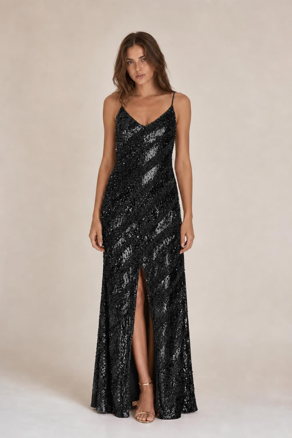 Model wearing Black sequined maxi dress
