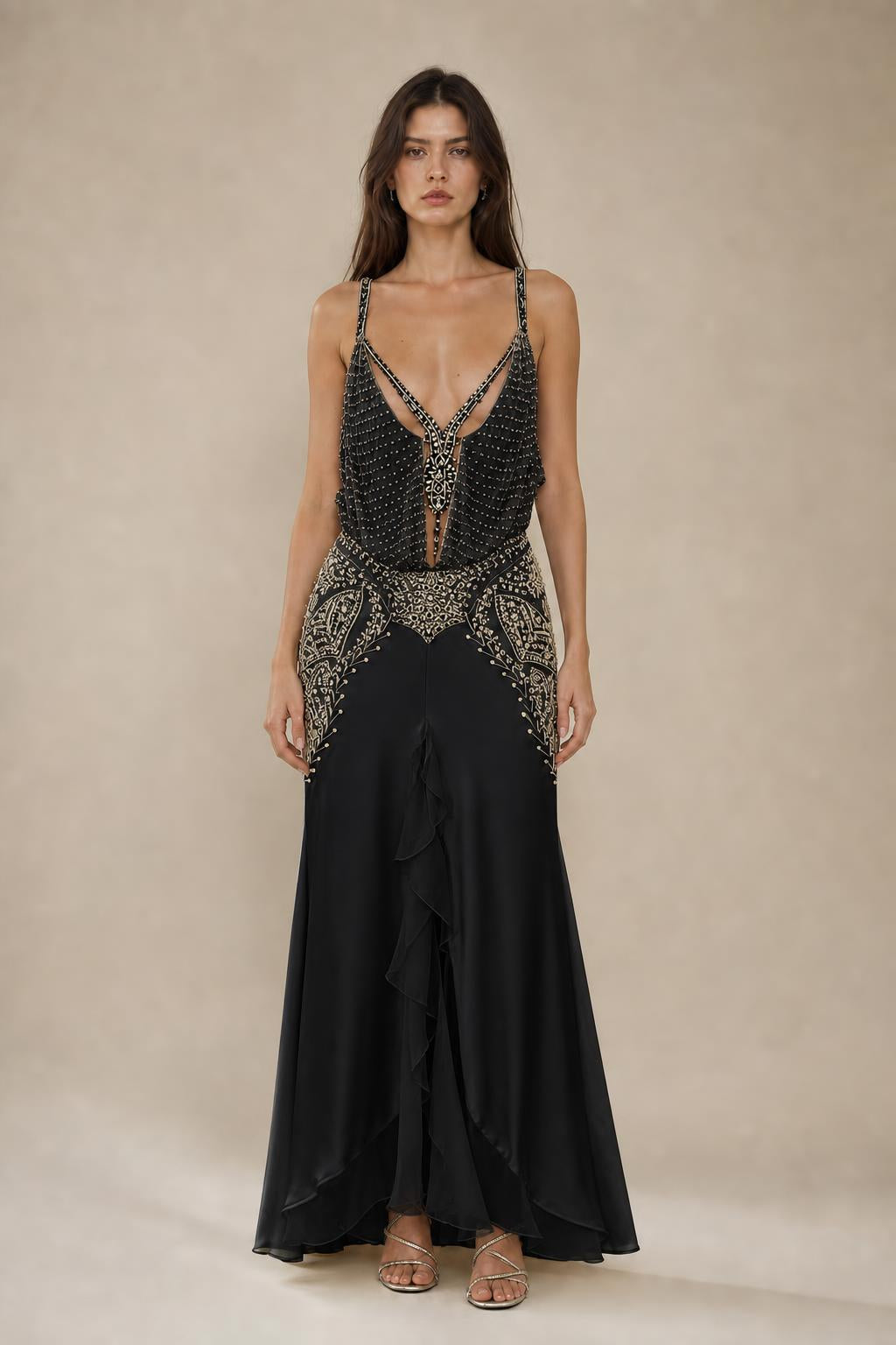 Front view of black embellished maxi dress variant