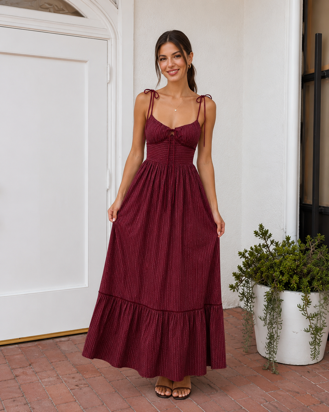 Burgundy striped tie-shoulder maxi dress with gathered bust and tiered hem front view