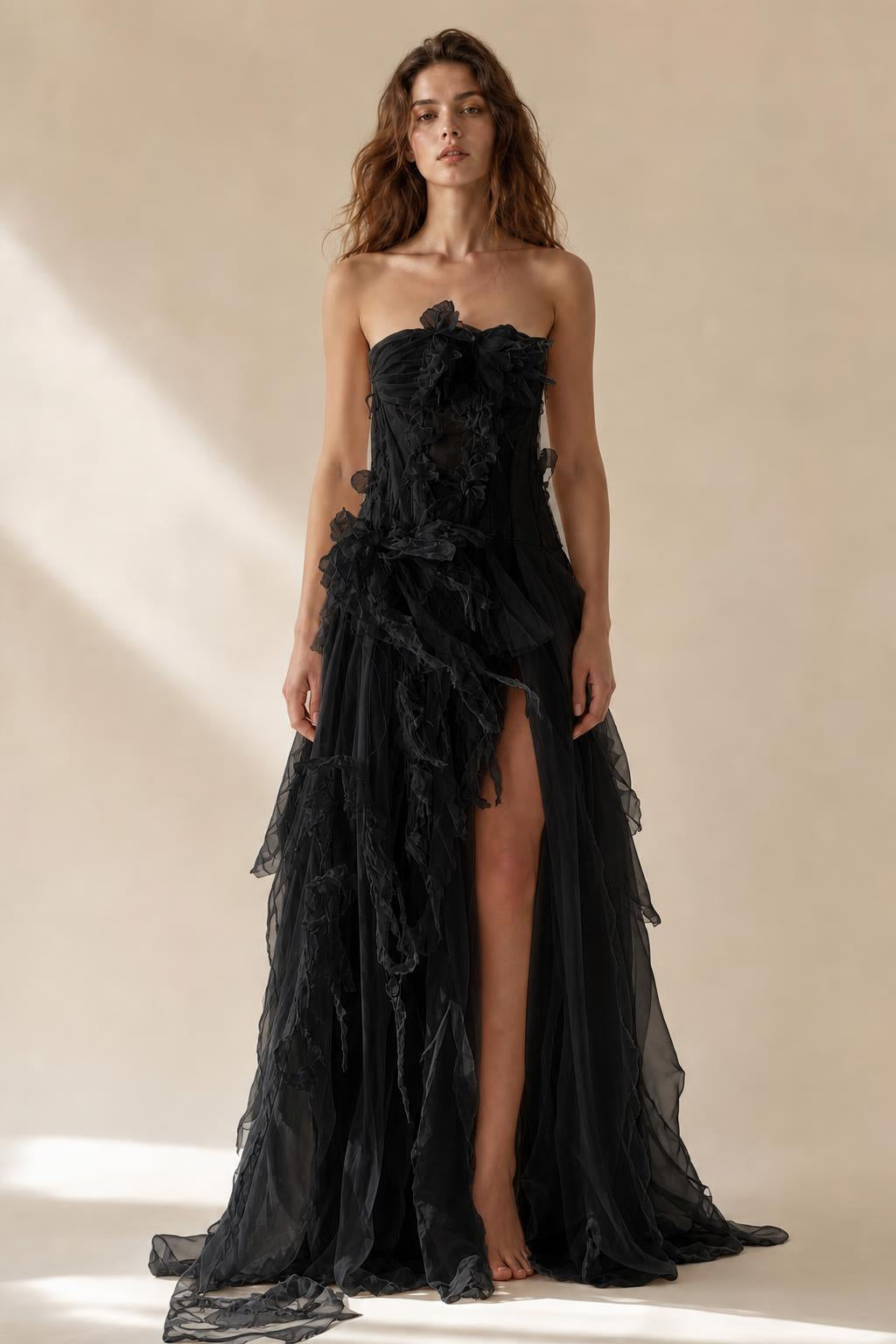 Black variant of the strapless ruffled tulle evening gown
