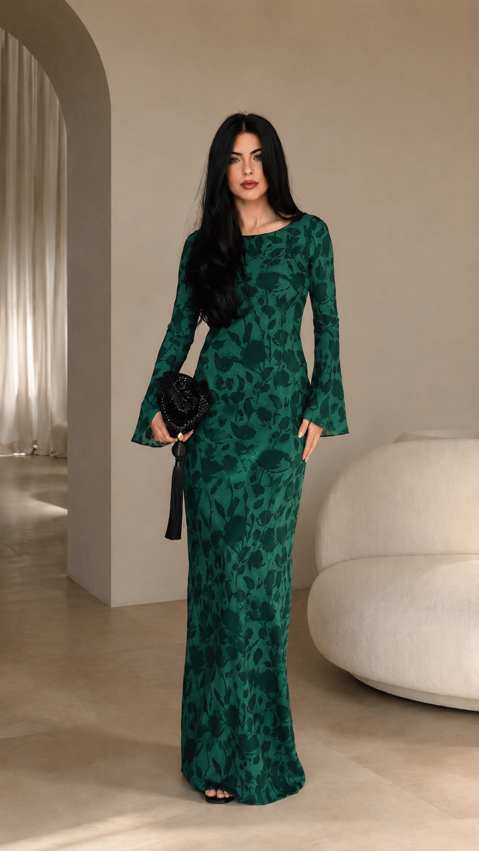 Front view of emerald floral jacquard bell sleeve maxi dress