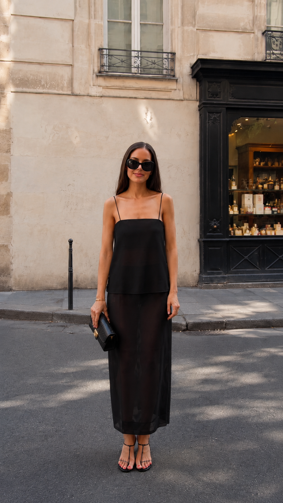 Front view of black sheer layered cami maxi dress set