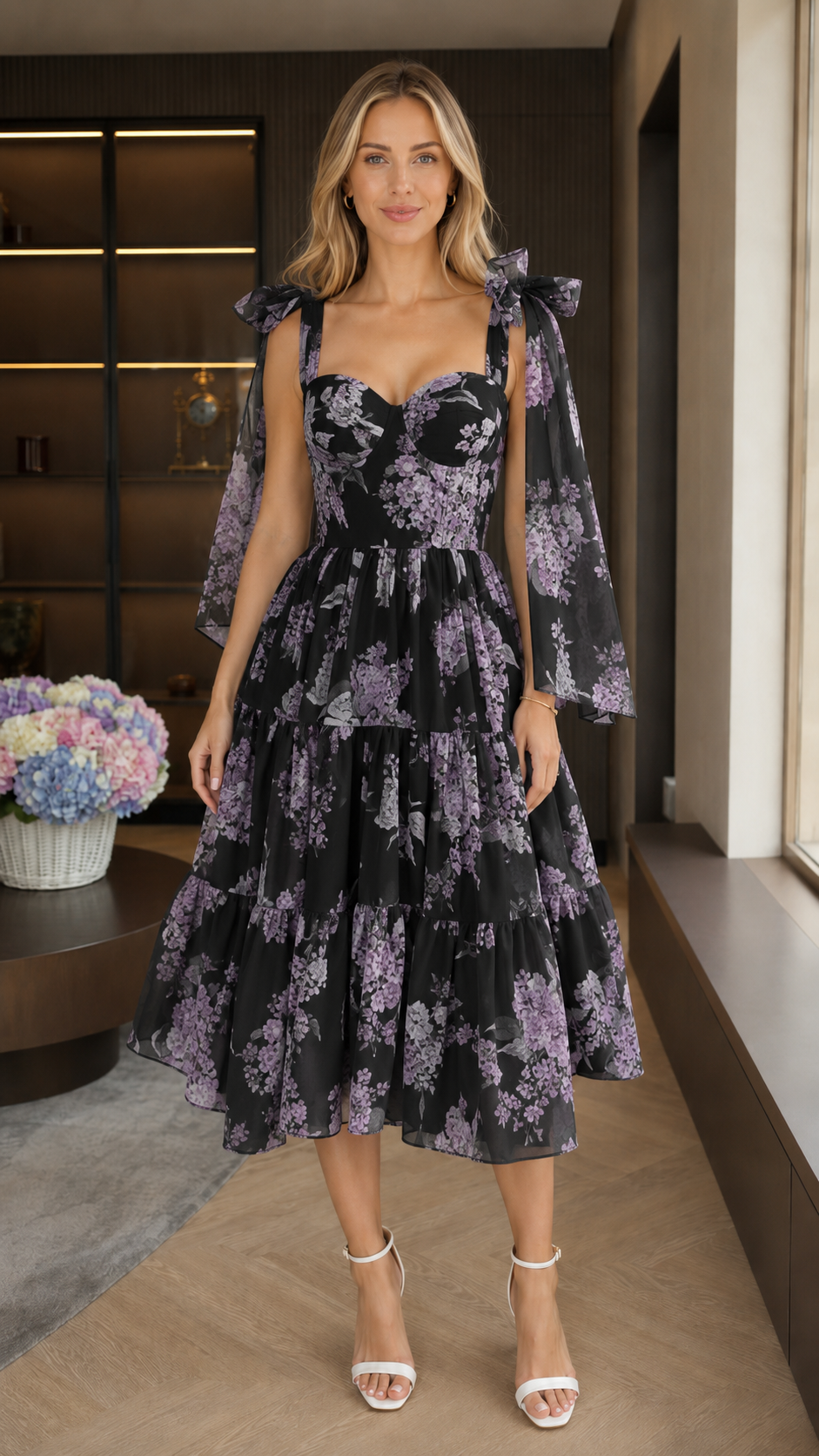 Front view of black floral tie-shoulder sweetheart midi dress