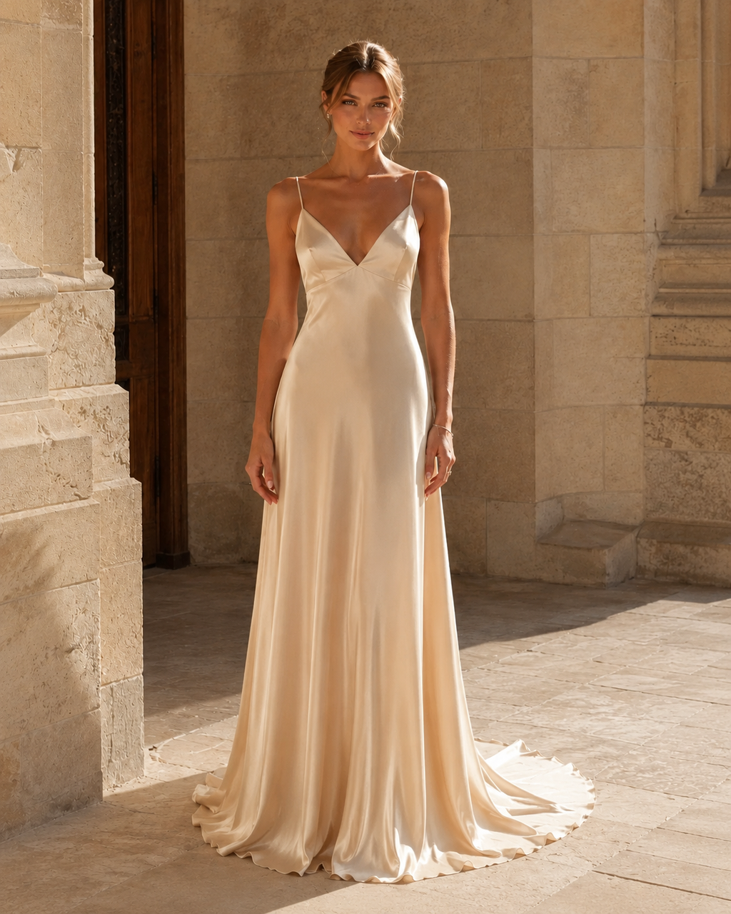 Champagne satin-look slip maxi dress with deep V neckline