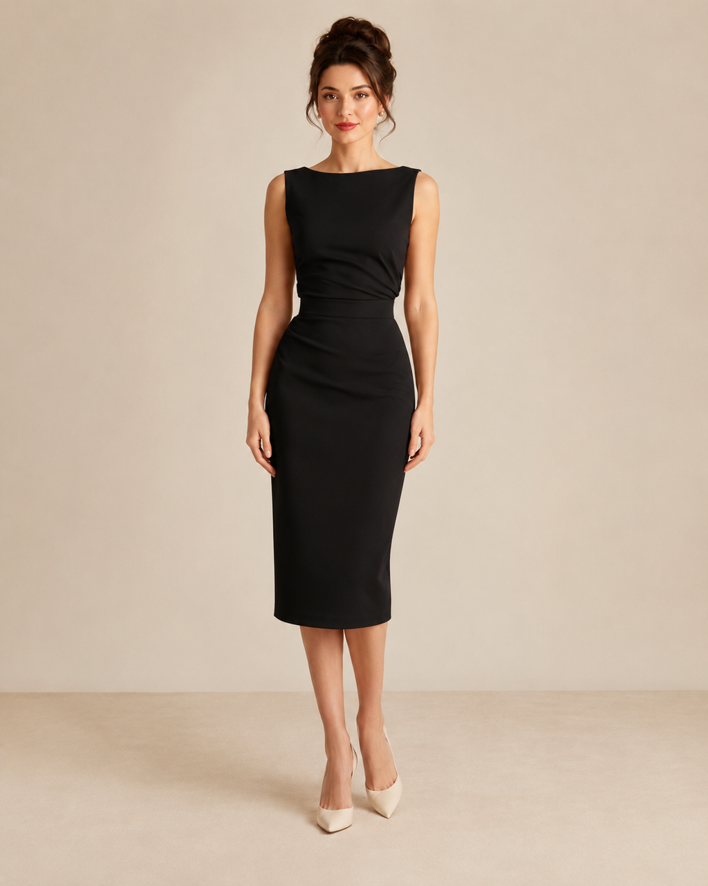 Front view of black sleeveless ruched waist midi sheath dress