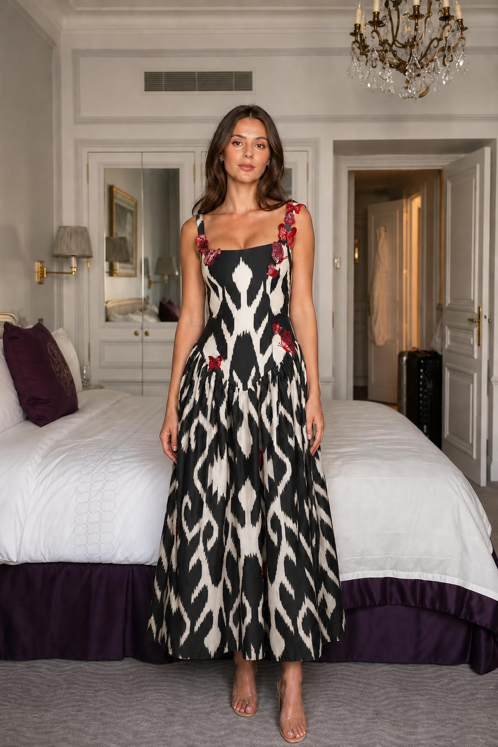 Model wearing black ikat print midi dress