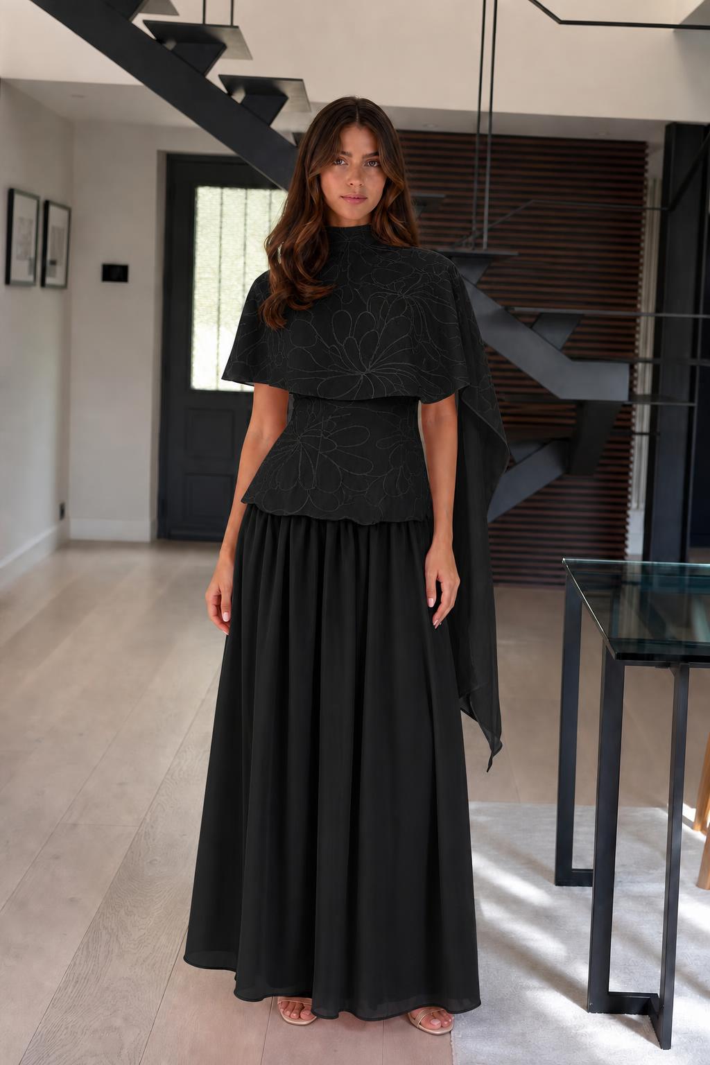 Elegance Cape Overlay Mock Neck Maxi Dress in Black