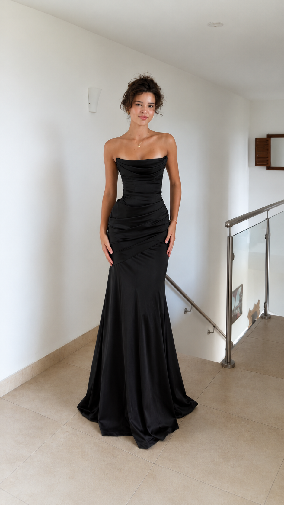 Front view of black strapless ruched mermaid evening dress