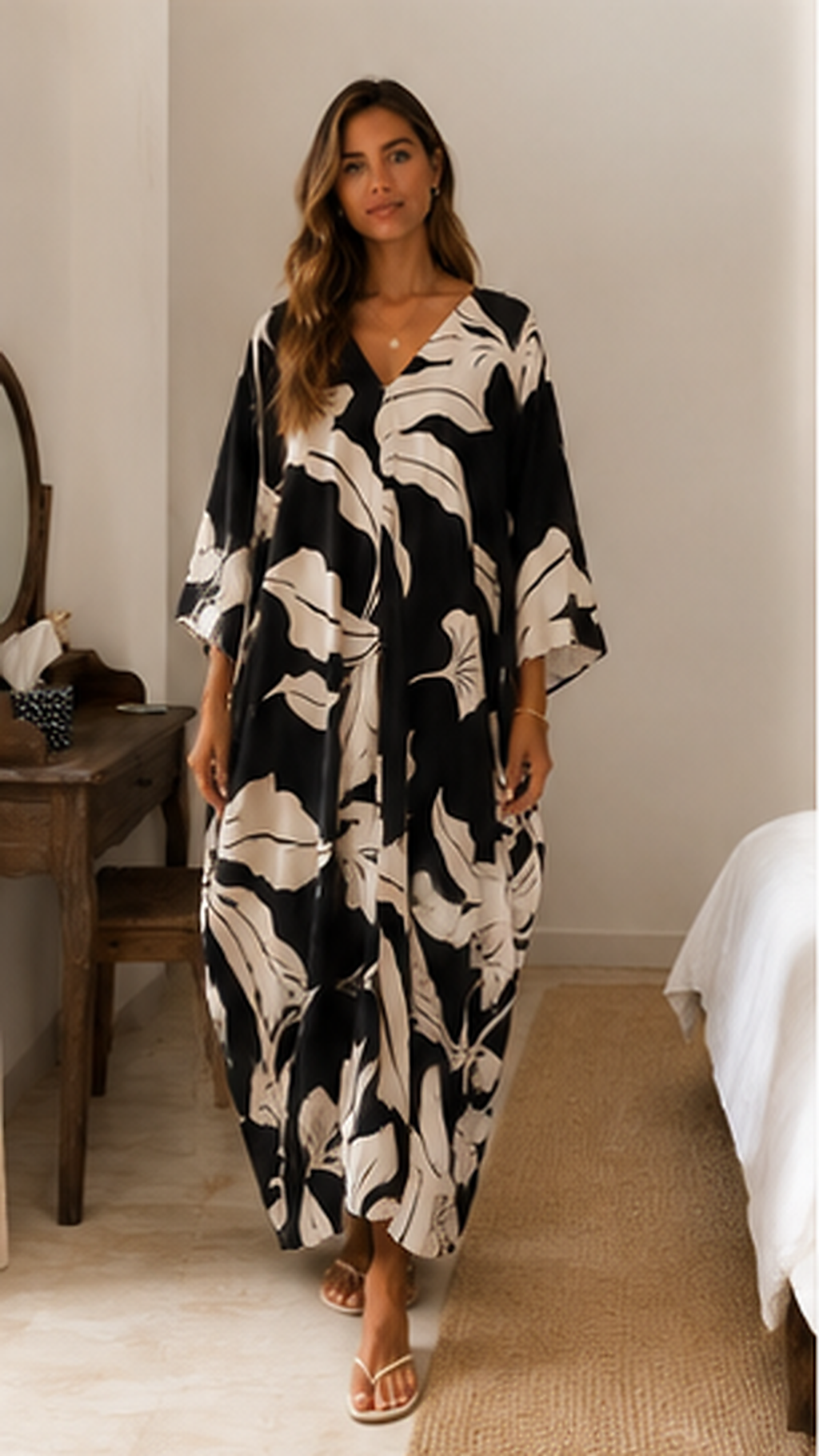 Front view of black tropical print V-neck caftan maxi dress