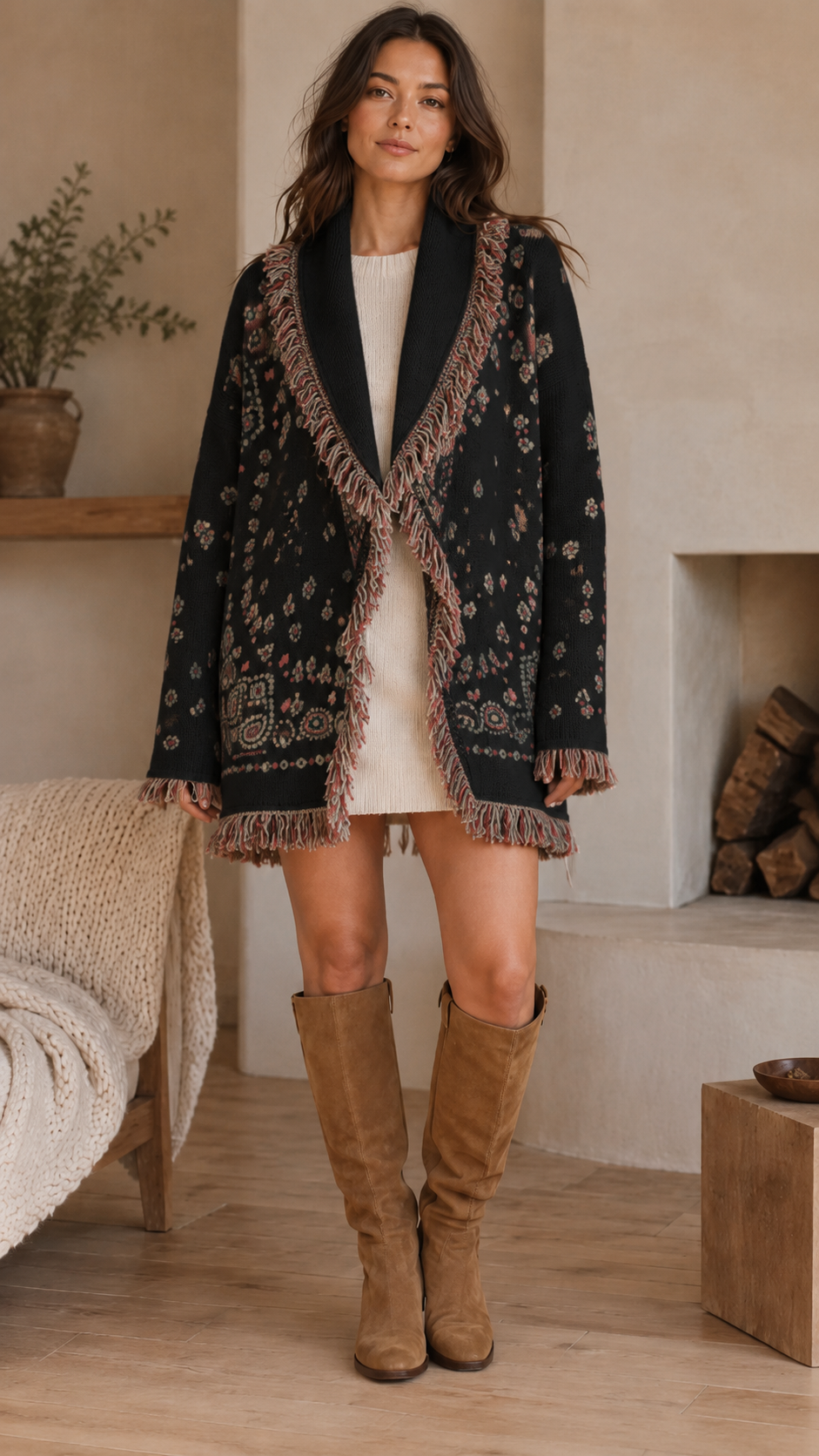 Front view of black floral knit cardigan jacket with fringe trim