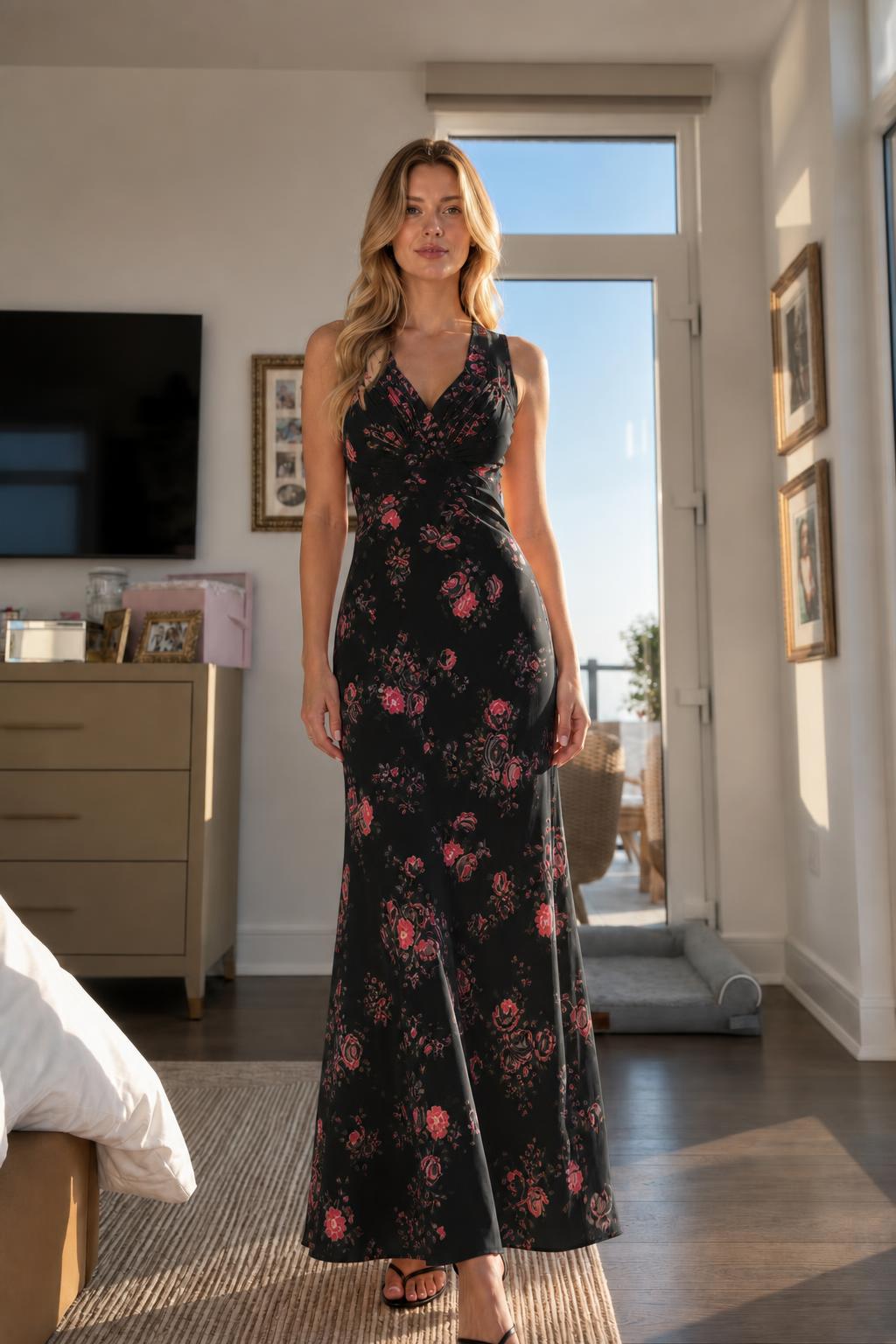 Front view of model wearing black floral V-neck maxi dress