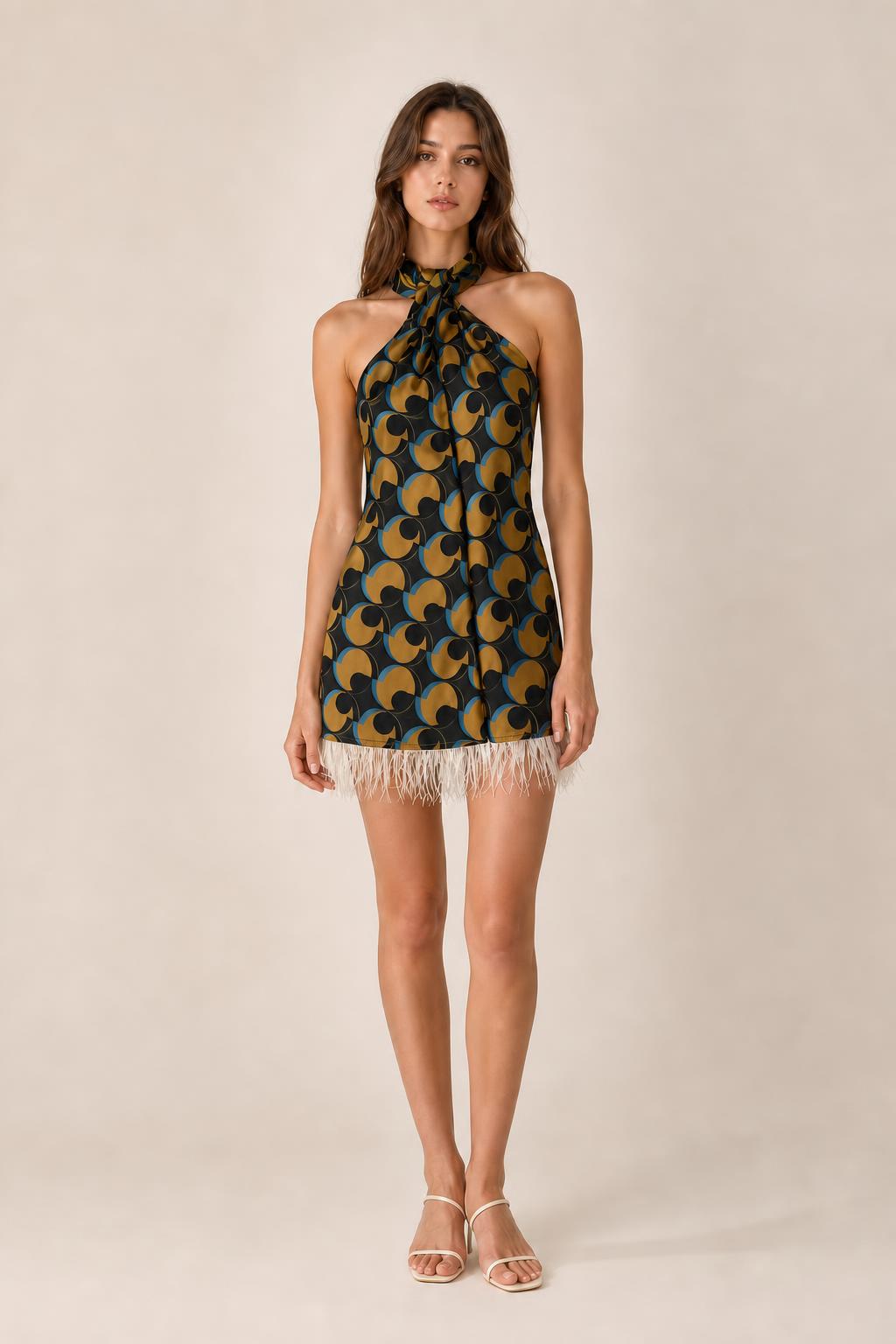 Front view of black color variant geometric halter mini dress
