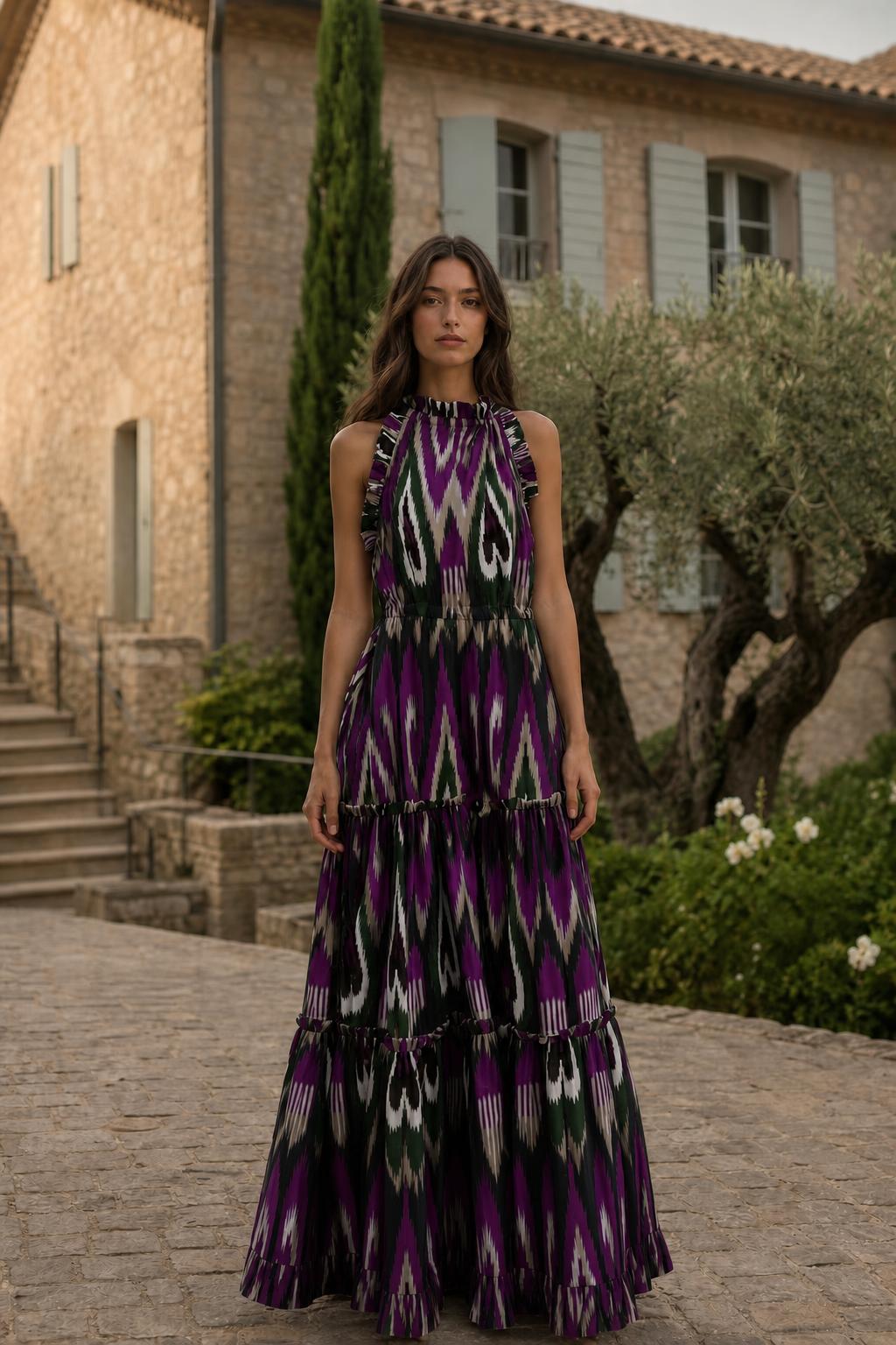 Model wearing dark purple multi ikat print maxi dress