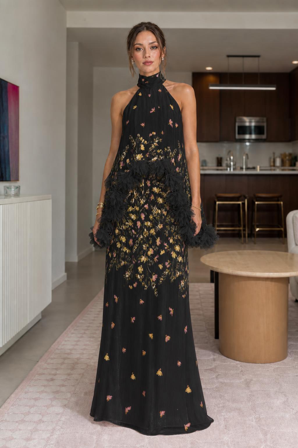 Front view of black floral halter maxi dress