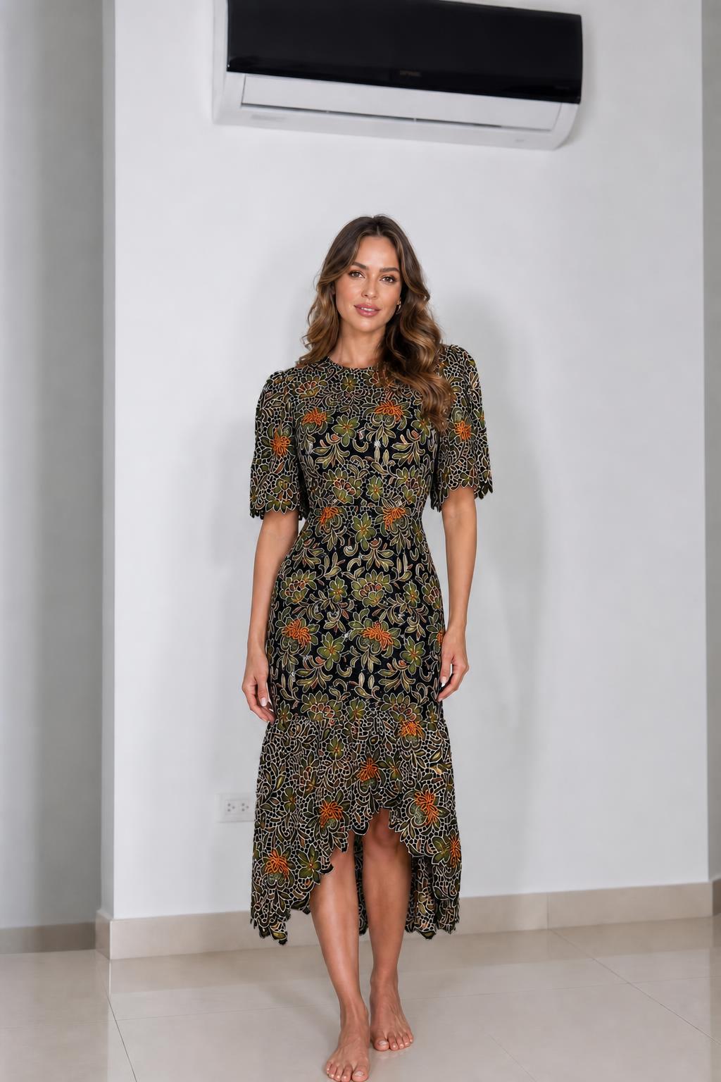 Front view of black floral lace midi dress