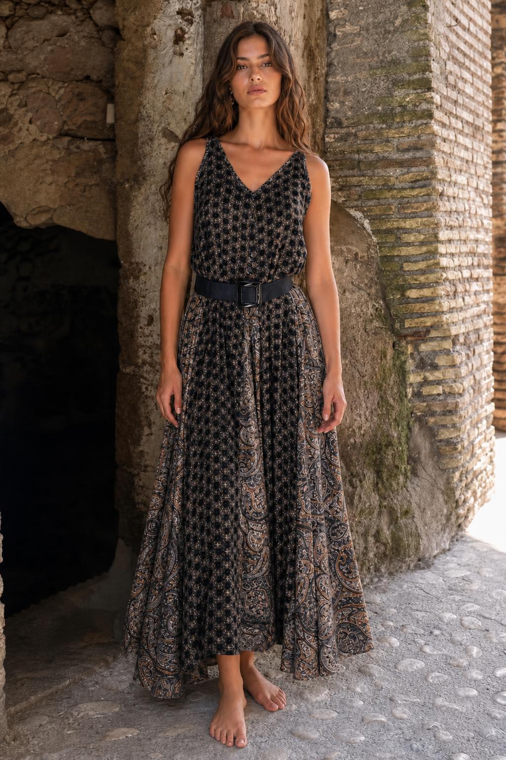 Woman wearing black printed boho maxi dress