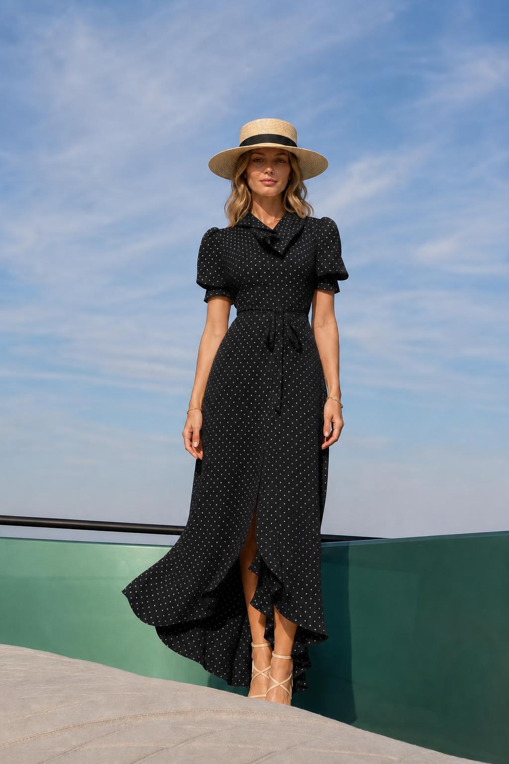 Woman wearing black polka dot maxi dress