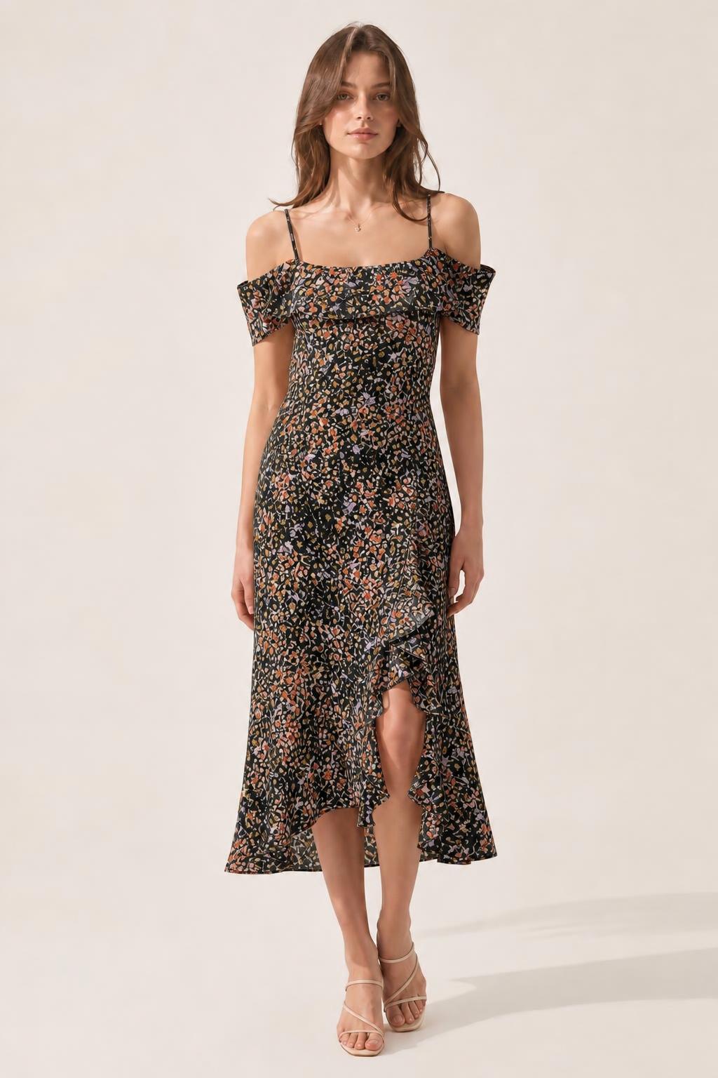 Front view of black floral off-shoulder midi dress