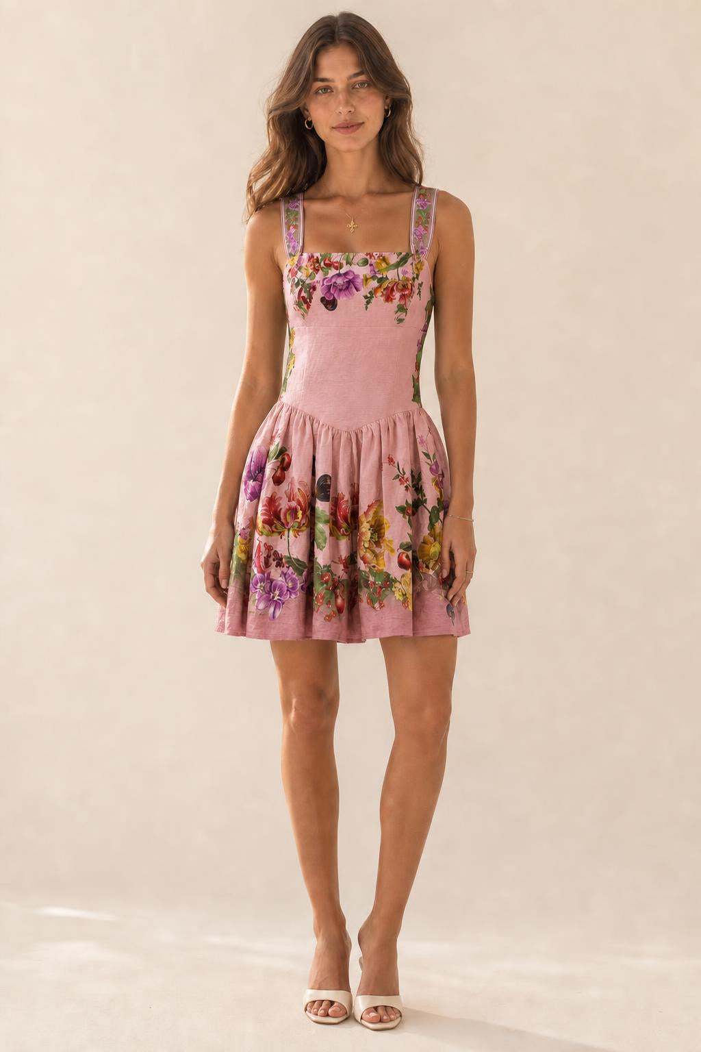 Front view of pink botanical print mini dress variant