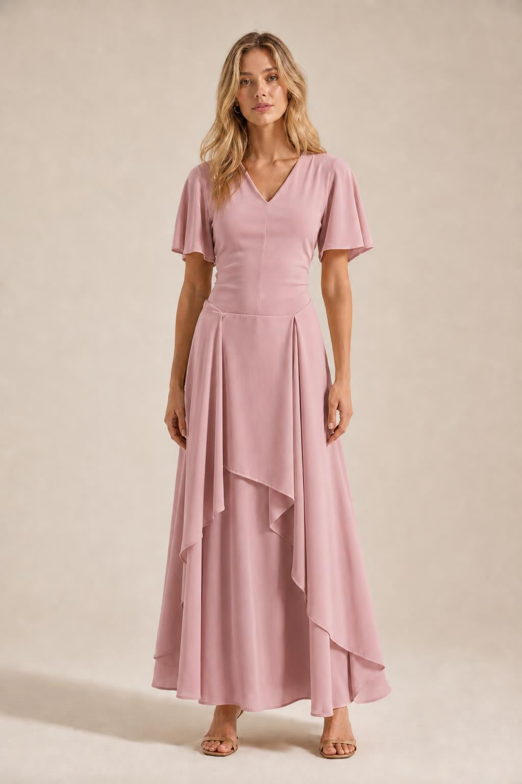 Front view of model wearing dusty pink V-neck flutter sleeve maxi dress