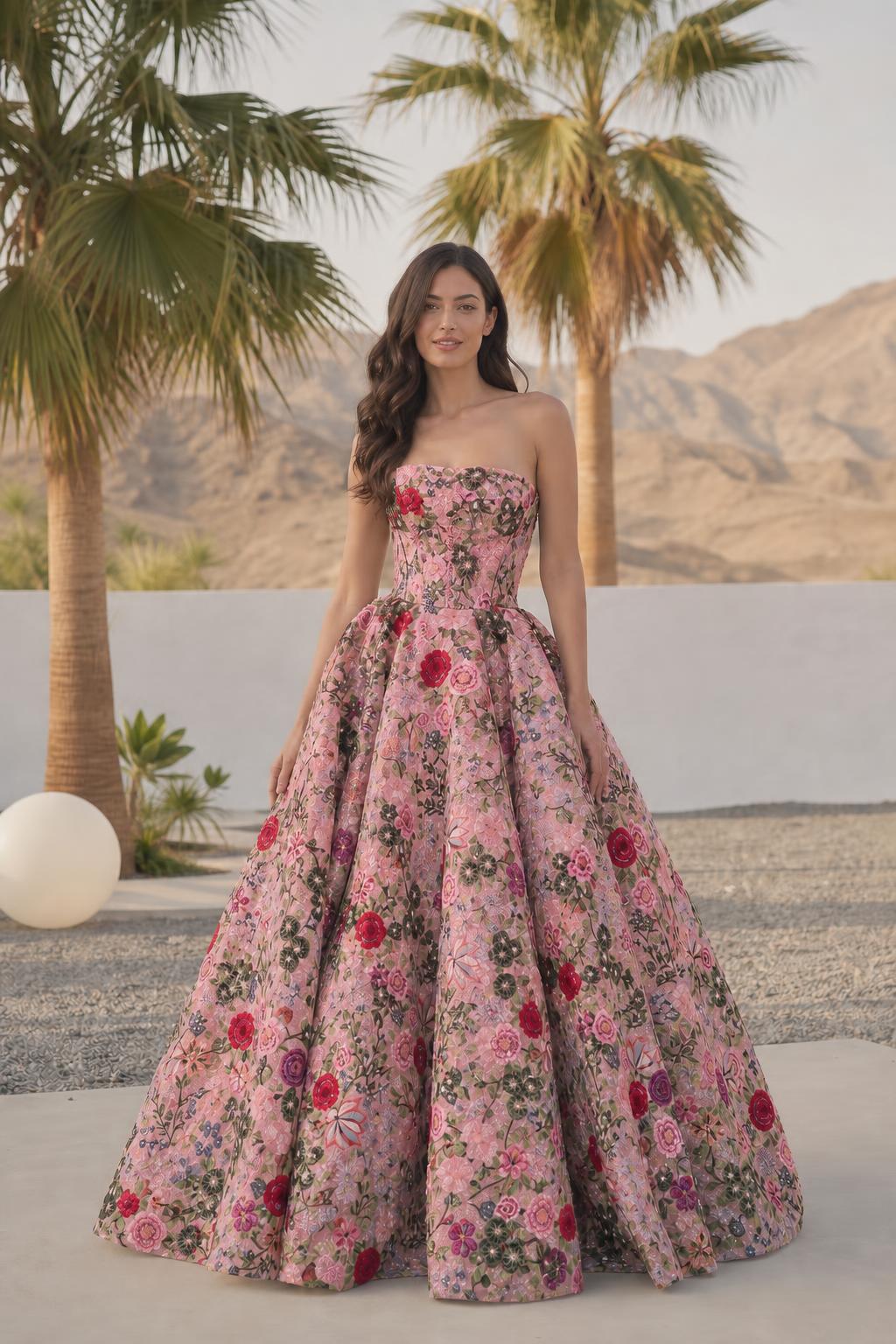 Front view of pink multi floral embroidered evening dress