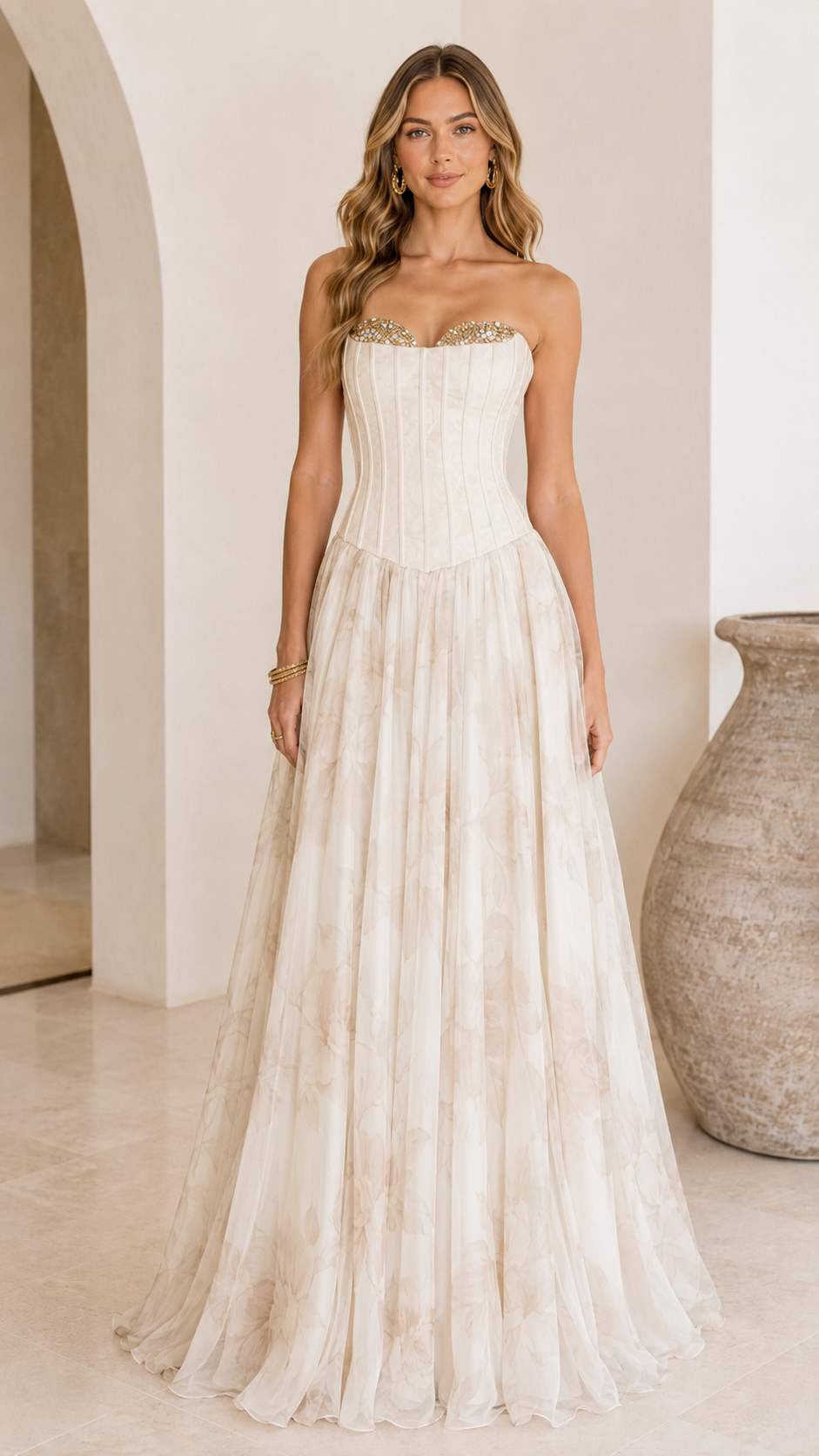 Ivory strapless corset floral maxi gown front view