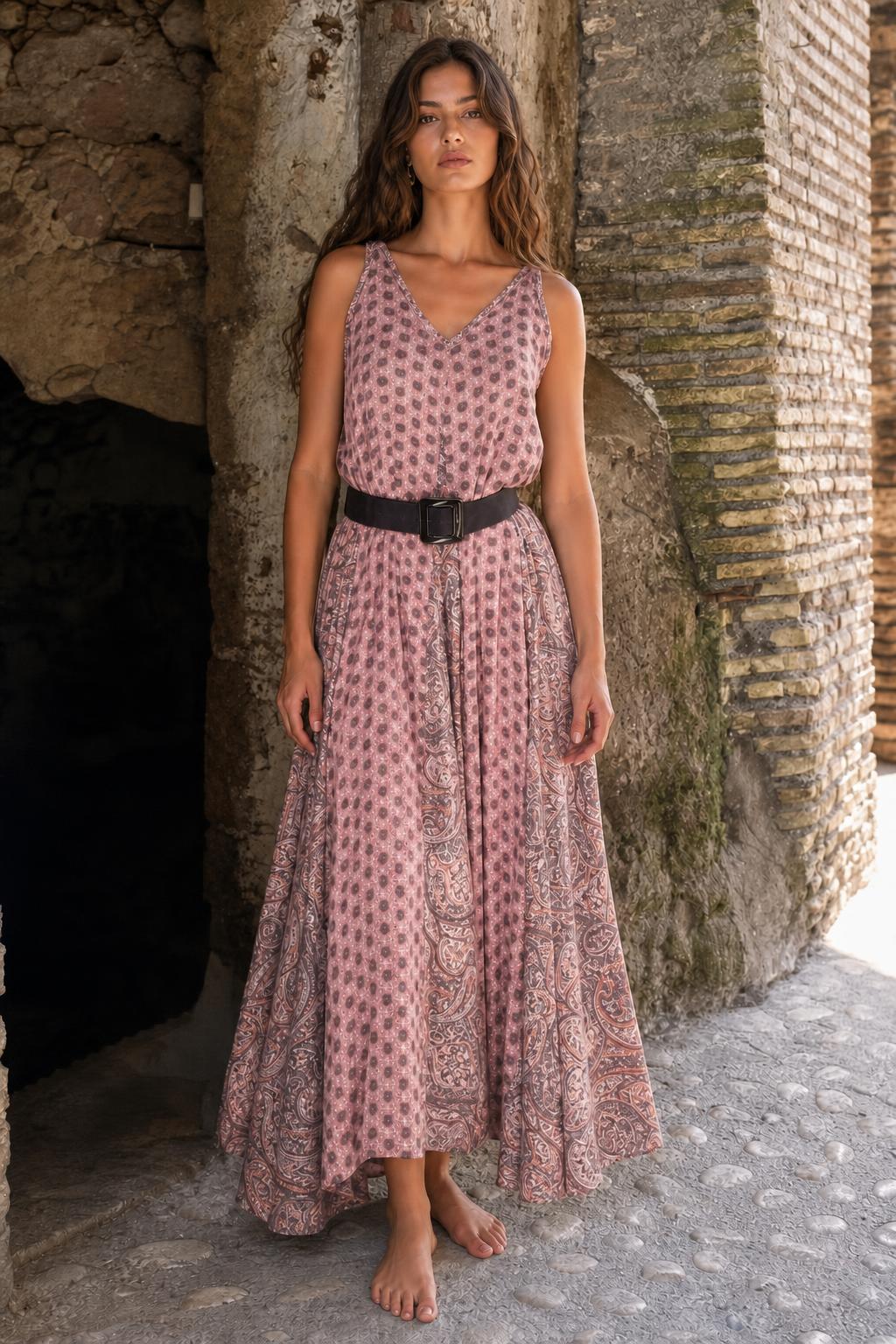 Woman wearing pink printed boho maxi dress