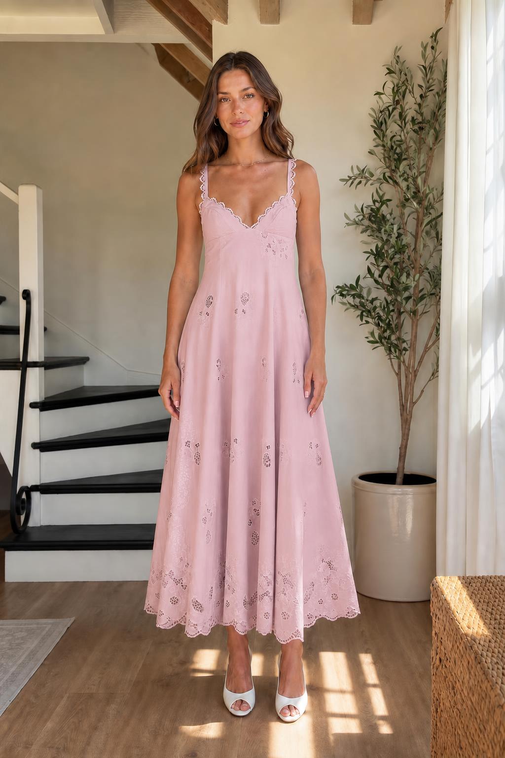 Elegance Embroidered Eyelet Midi Dress in Pink