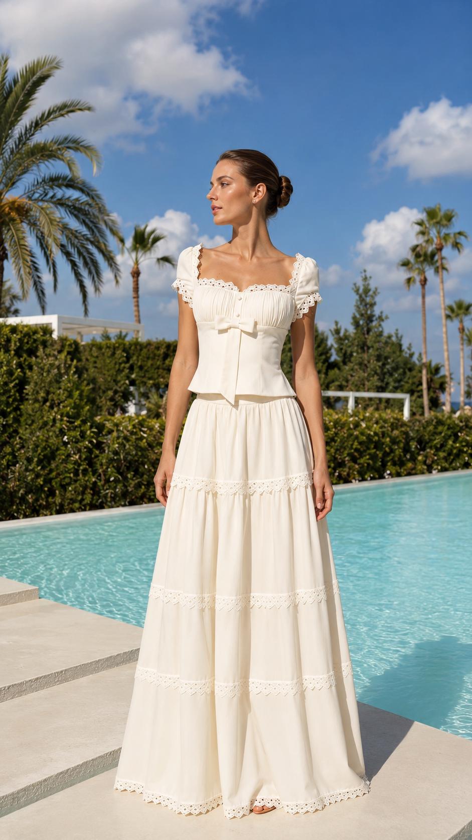 Front view of ivory square neck tiered maxi dress with lace-look trim