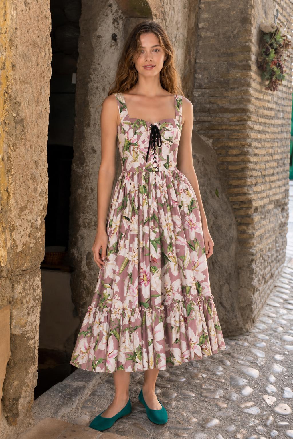 Front full view of pink floral midi dress