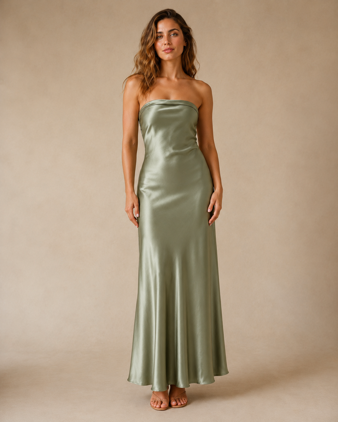 Front view of sage strapless satin-look maxi dress with smooth sheen and flowing hem