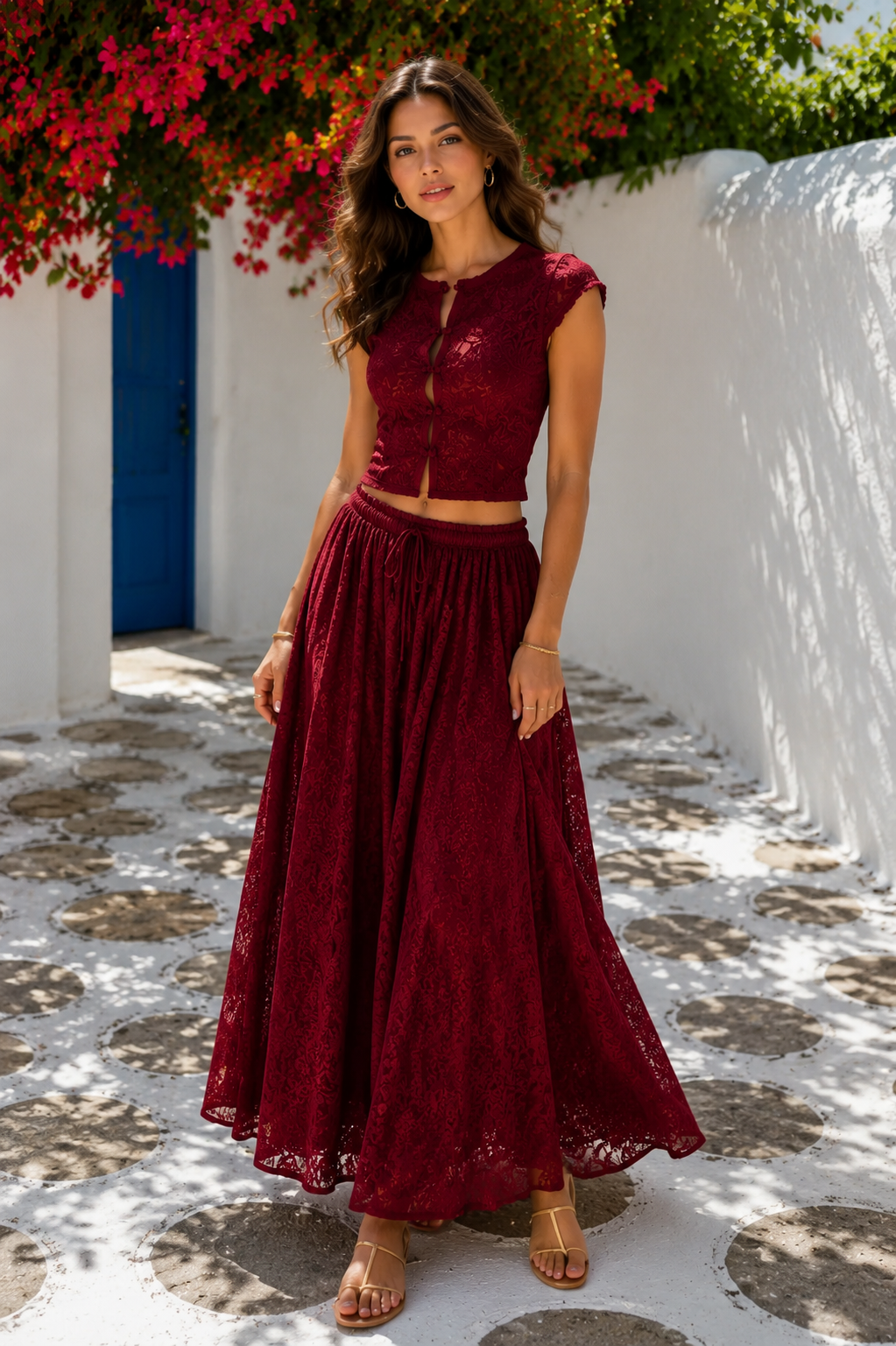 Wine red lace-look crop top and maxi skirt two-piece set front view