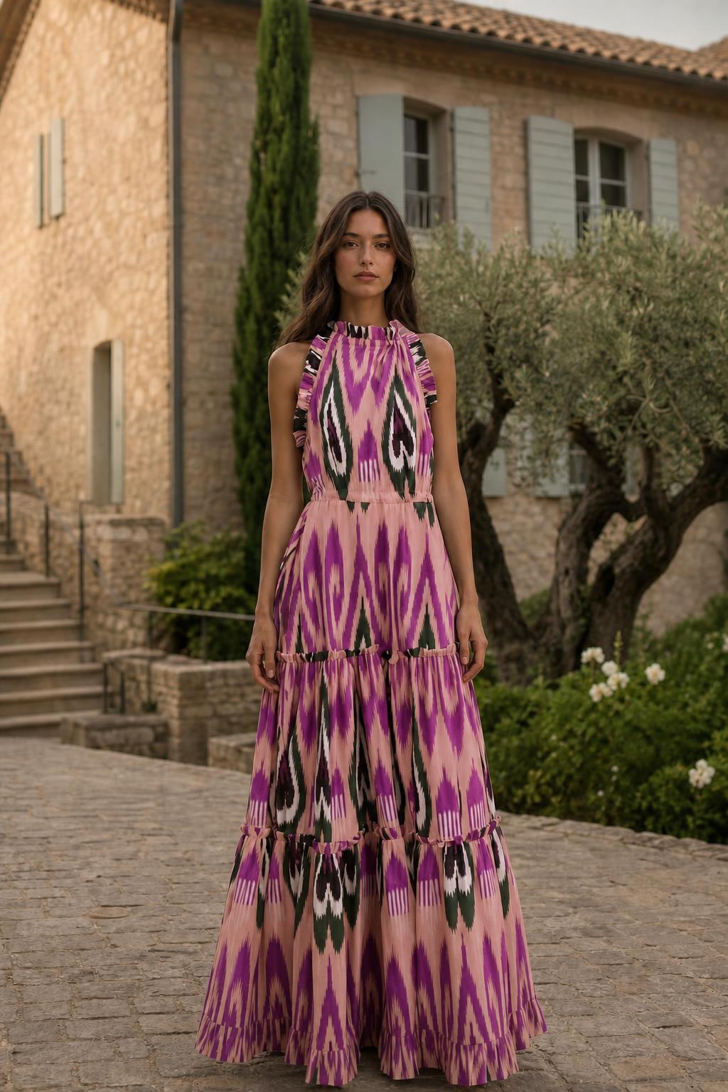 Model wearing pink multi ikat print maxi dress