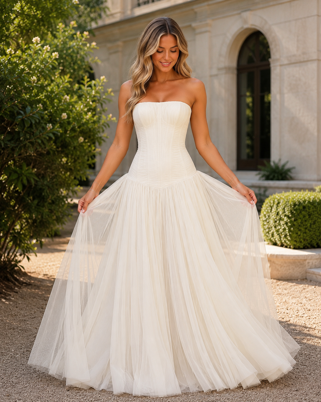 Front view of ivory strapless formal gown with structured bodice and airy full skirt