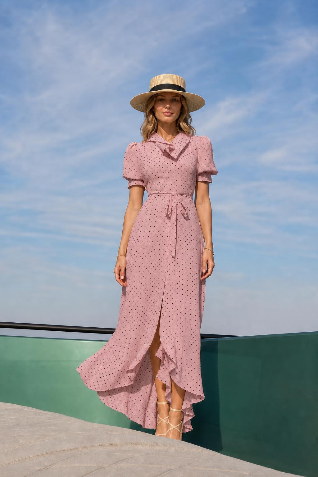 Woman wearing pink polka dot maxi dress
