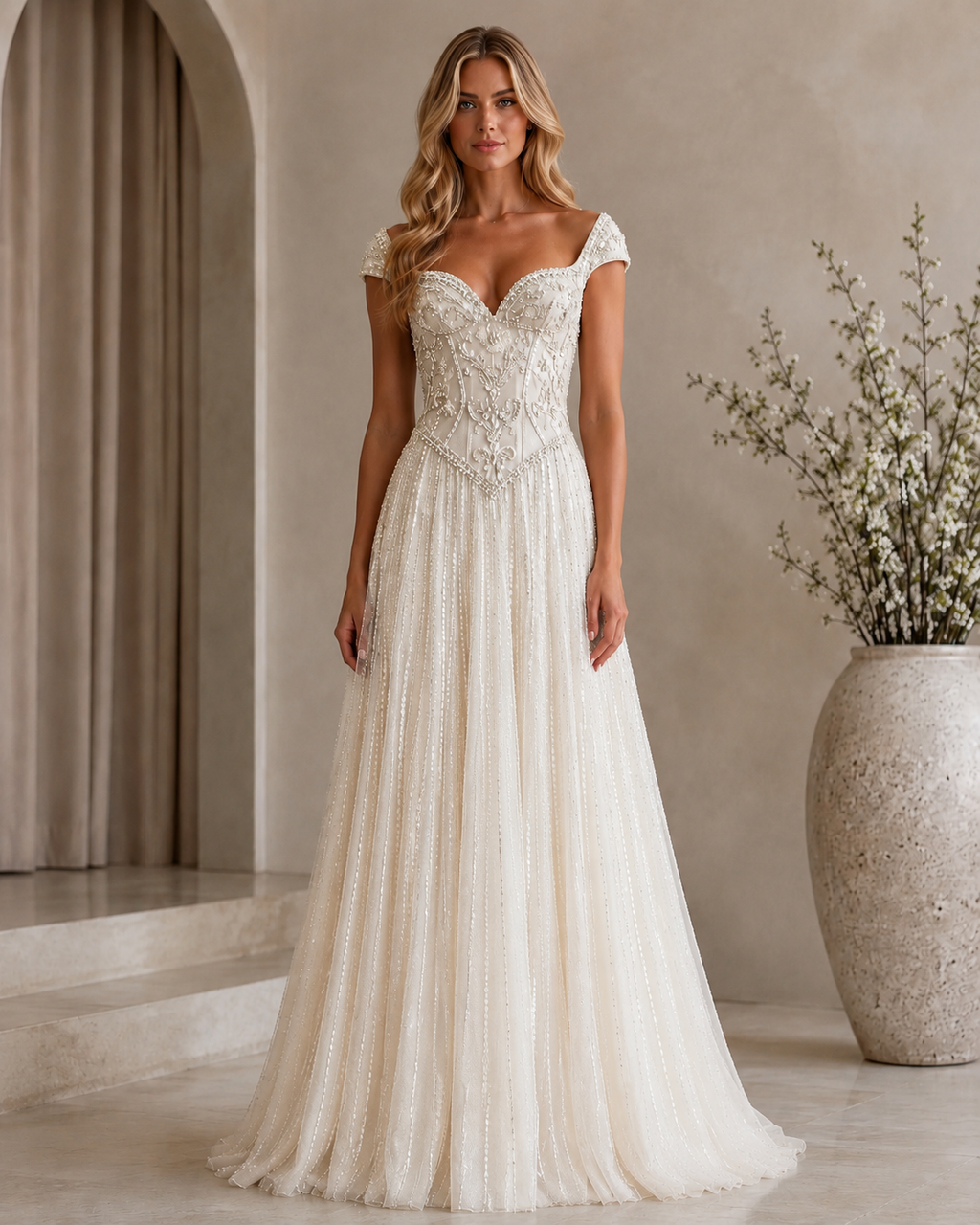 Ivory beaded sweetheart cap sleeve floor-length A-line evening gown front view
