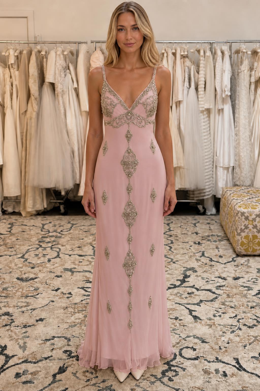 Front view of blush pink embellished evening gown