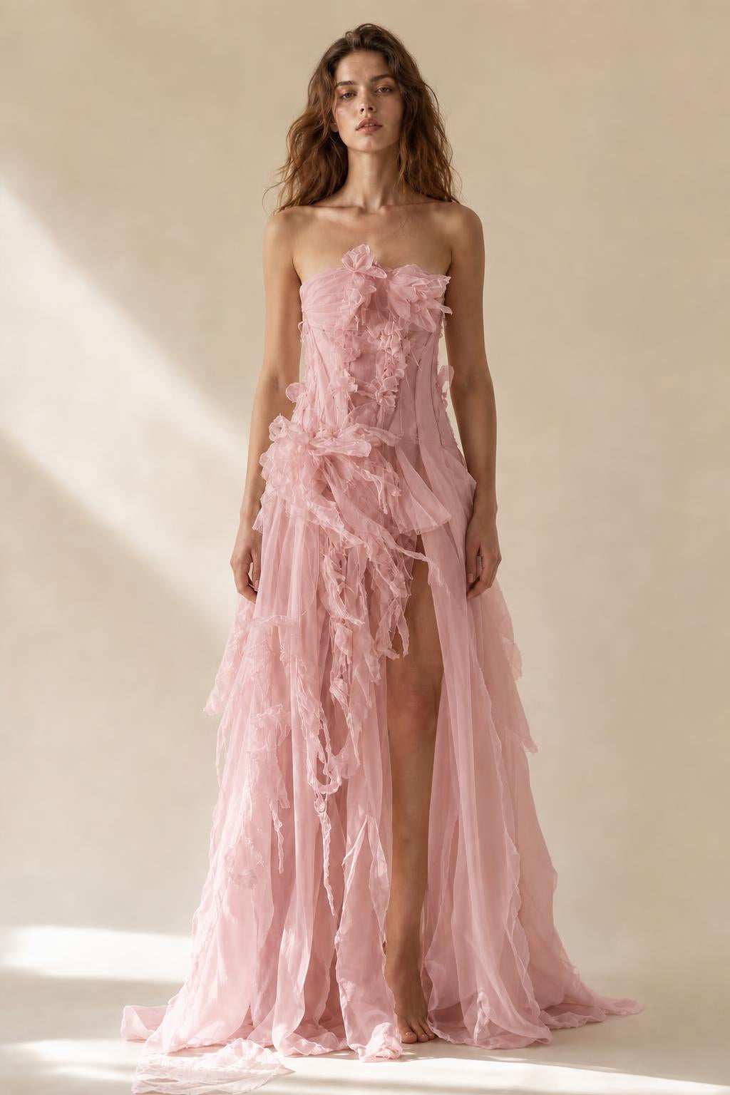 Pink variant of the strapless ruffled tulle evening gown