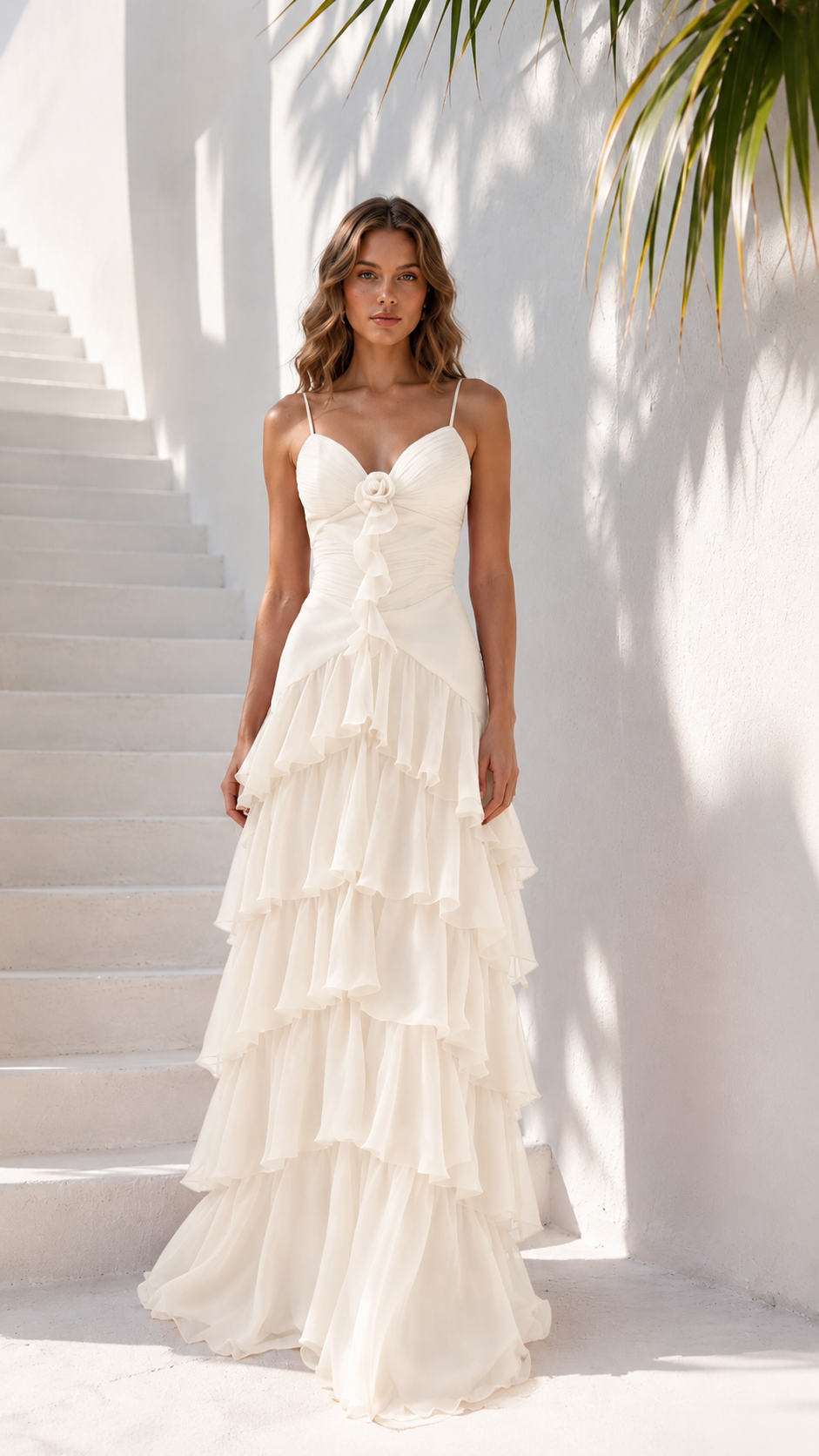 Front view of ivory tiered ruffle maxi dress with sweetheart neckline
