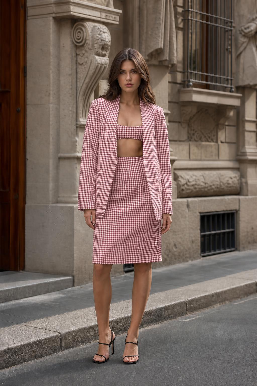 Model wearing pink houndstooth 3-piece matching set