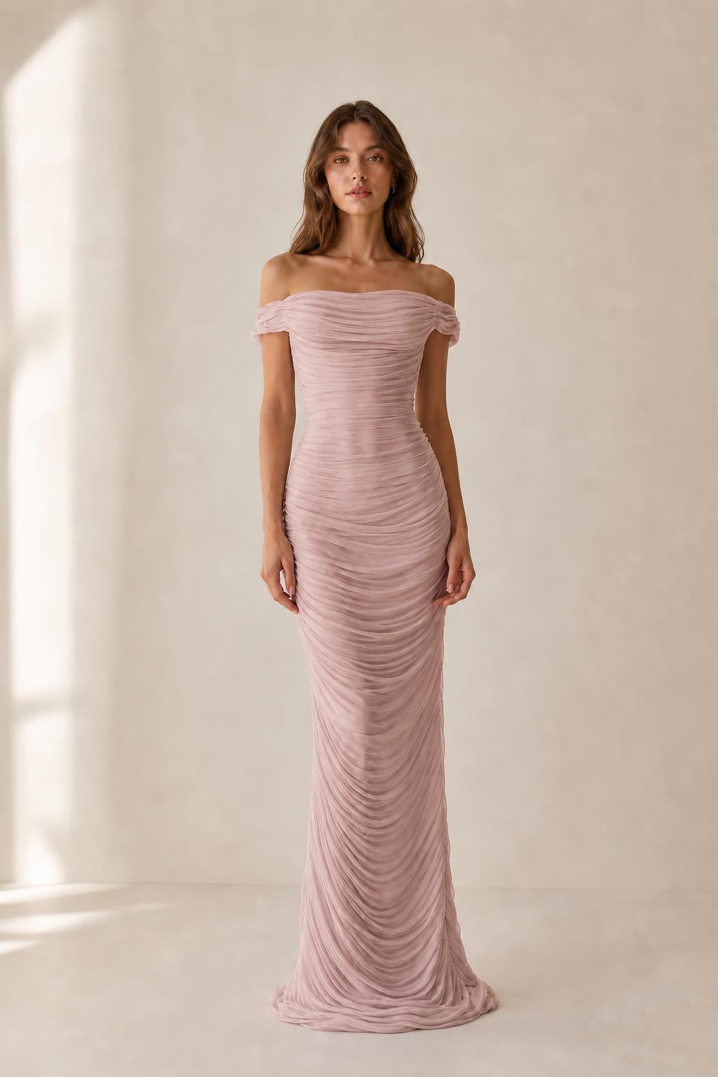 Front view of mauve off-the-shoulder ruched evening dress