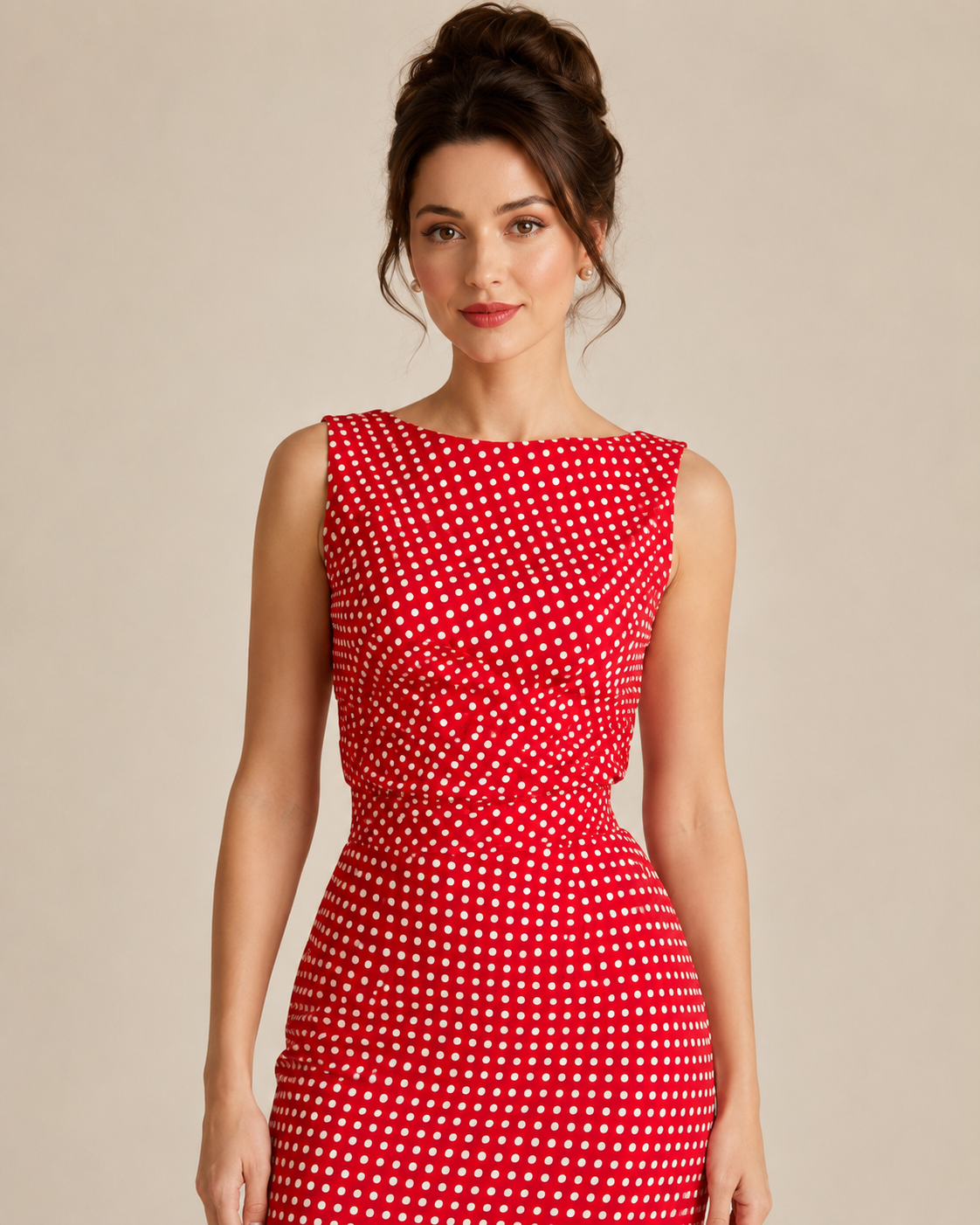 Close-up of red polka dot boat neck sleeveless dress bodice and waist ruching