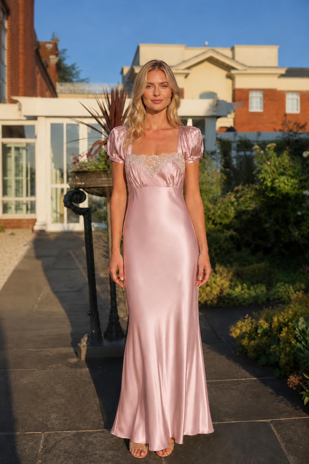 Front view of pink satin lace trim maxi dress on model