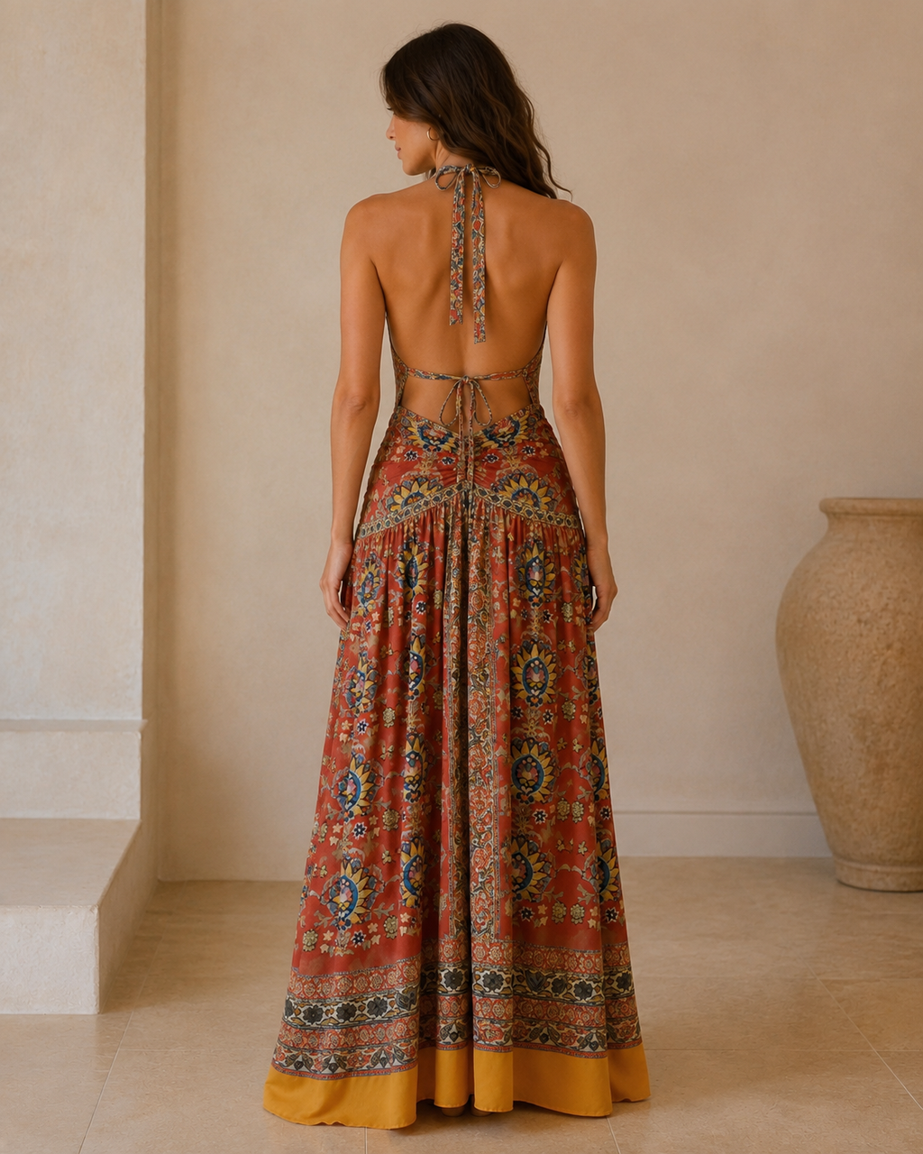 Back view of rust printed halter maxi dress with open back and tie detail