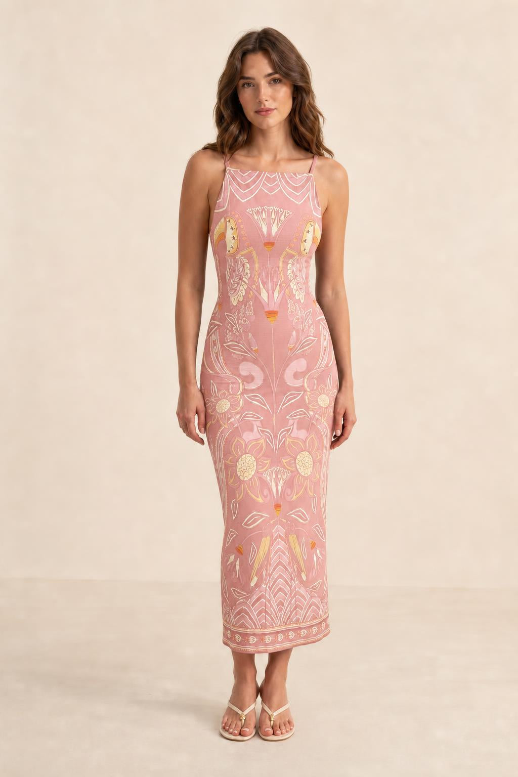 Full length front view of model wearing Pink printed midi dress