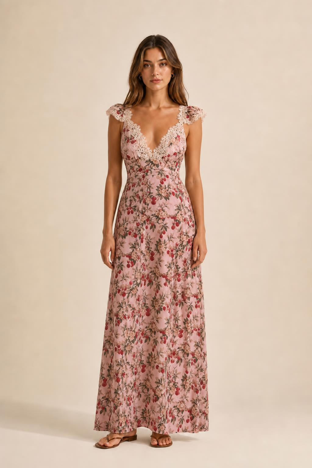 Front view of pink floral print maxi dress